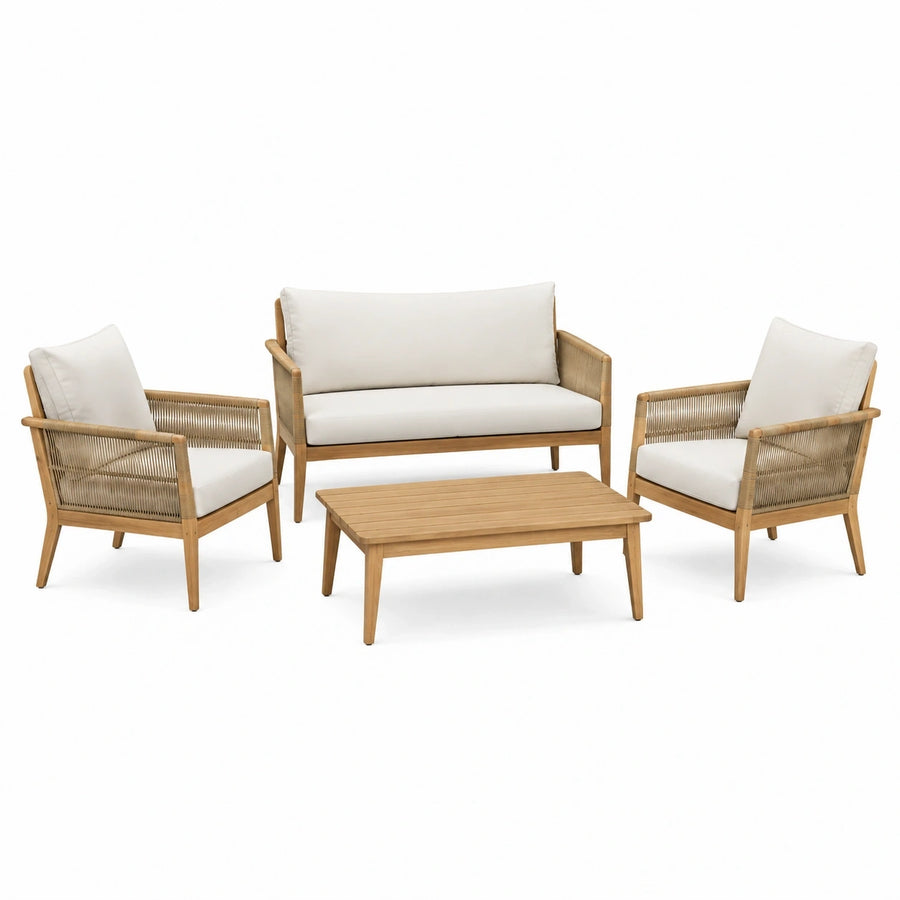 Salon de jardin Rorqelvo 4 pièces avec table en bois naturel et cordage tressé, style bohème, 100 x 60 cm.