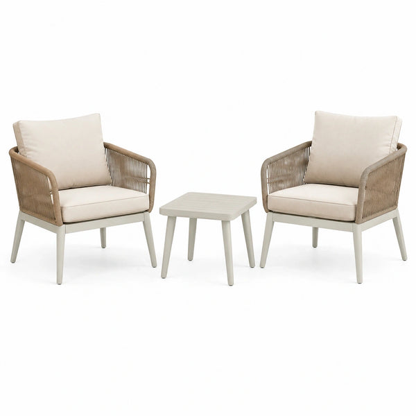 Salon de jardin Rorqelvo avec 2 fauteuils et table beige en corde tressée, style contemporain, pour extérieur.