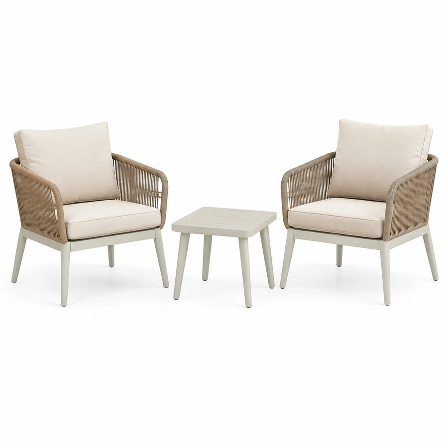Salon de jardin Rorqelvo avec 2 fauteuils et table beige en corde tressée, style contemporain, pour extérieur.
