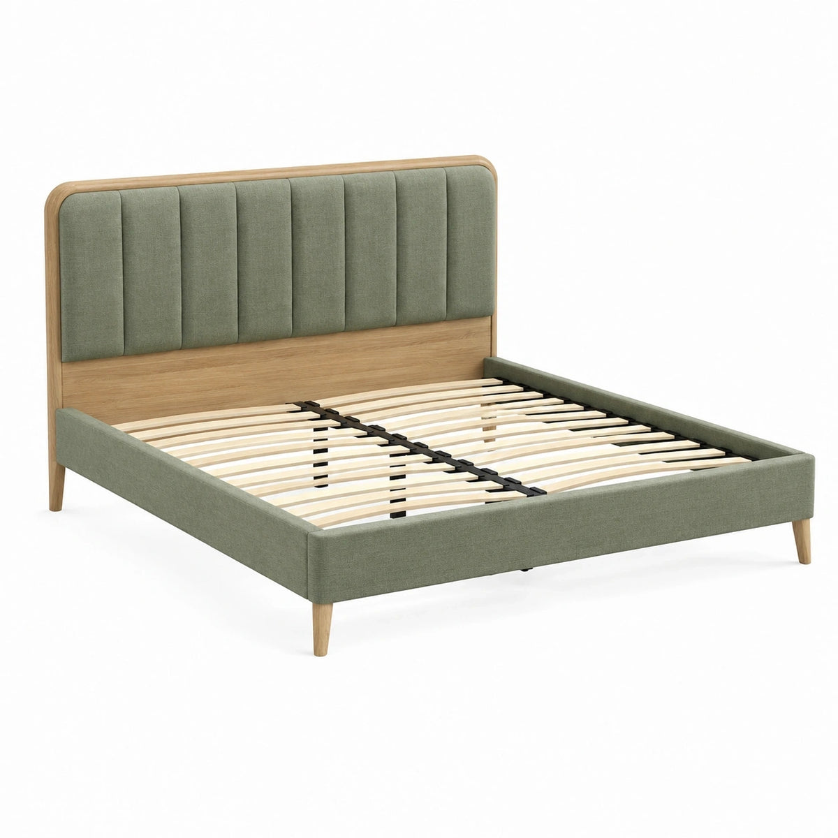 Lit 160x200 cm en tissu vert et bois avec sommier à lattes style contemporain