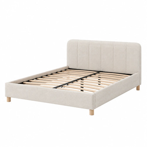 Lit double Rorqelvo 160 x 200 cm en tissu bouclette crème avec sommier à lattes, style contemporain.