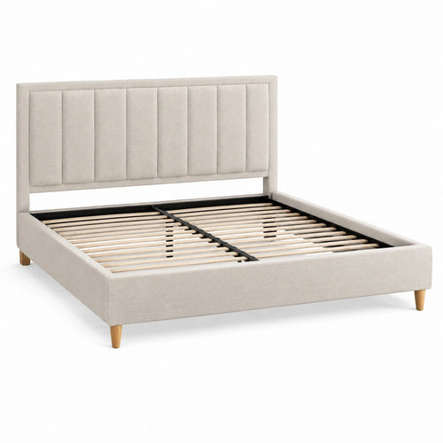 Lit double Rorqelvo 160x200 cm en tissu beige avec tête de lit capitonnée et sommier à lattes.