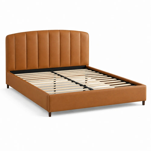 Lit double Rorqelvo 160x200 cm avec revêtement synthétique camel, tête de lit capitonnée et sommier à lattes.
