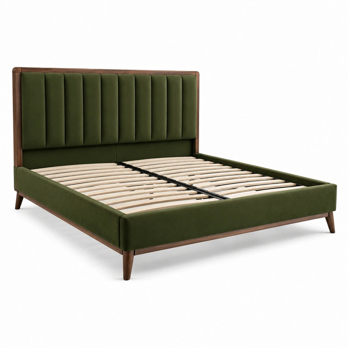 Lit double 160 x 200 cm en velours vert et bois - sommier à lattes style moderne