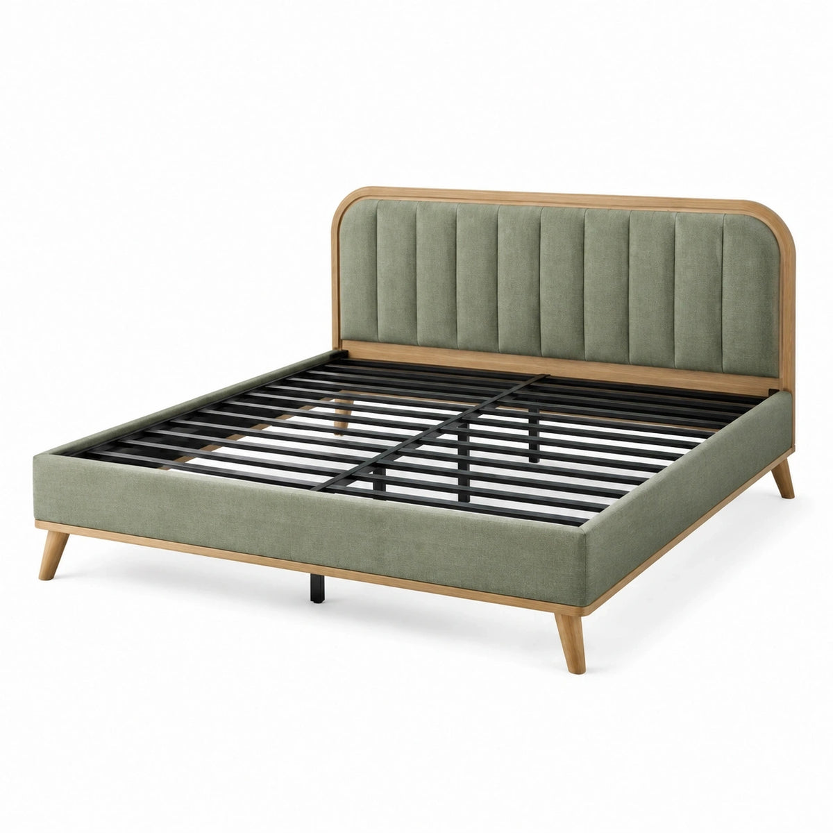 Lit double 160 x 200 cm en tissu vert sauge et bois avec sommier à lattes