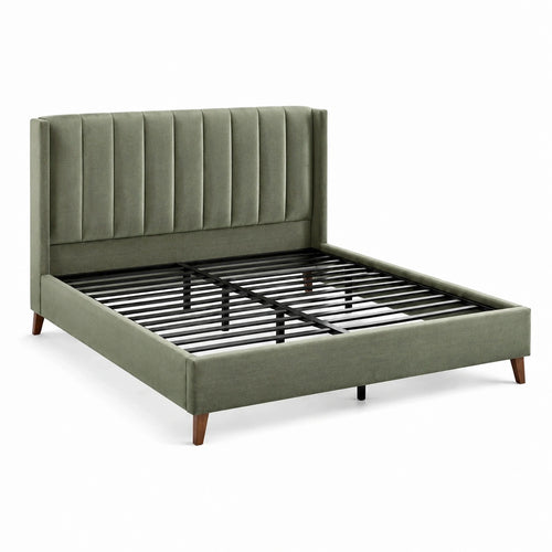 Lit double Rorqelvo en velours vert 160x200 cm avec sommier à lattes, style contemporain, visible en image.