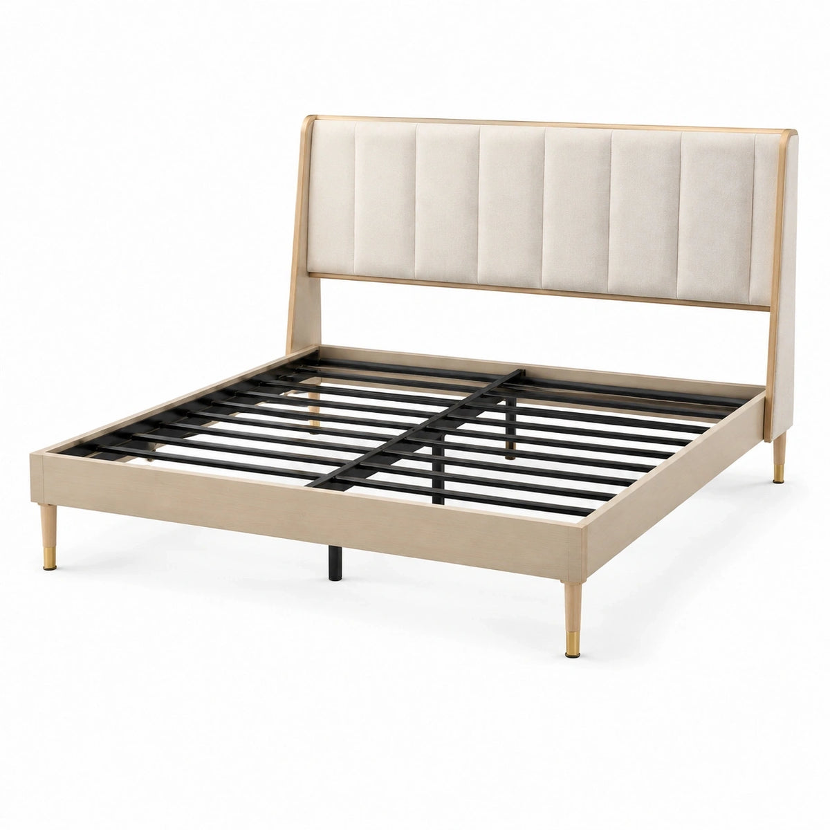 Lit 160x200 cm en bois beige avec tête de lit rembourrée et sommier à lattes style contemporain