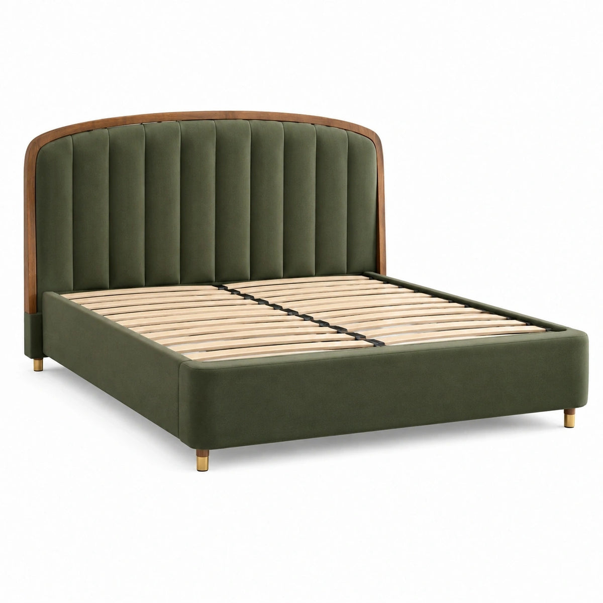 Lit double 160 x 200 cm en velours vert olive avec sommier à lattes style contemporain