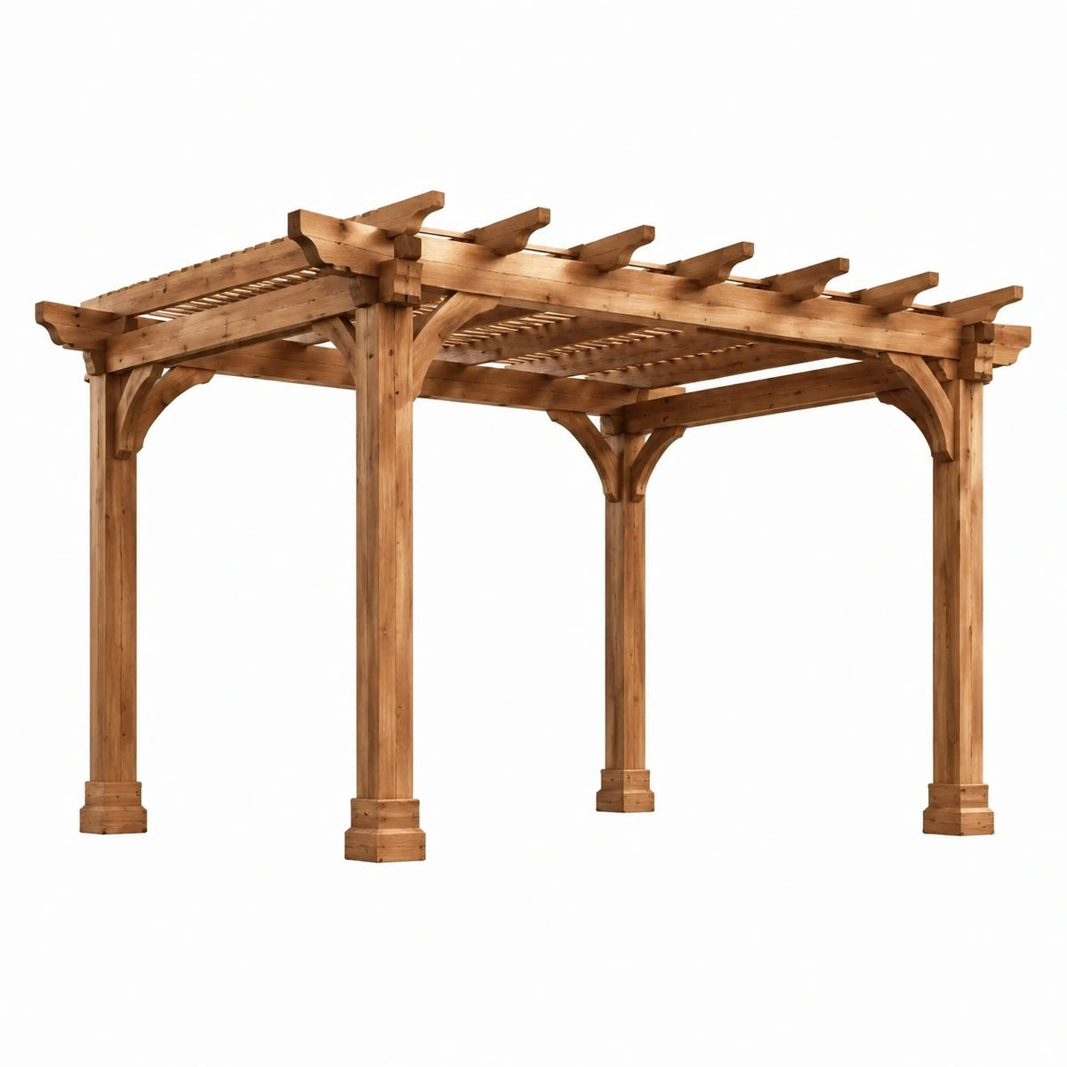 Pergola de jardin en bois marron Rorqelvo, 360x300x250 cm, avec toiture ajourée pour ombrage et décoration extérieure.
