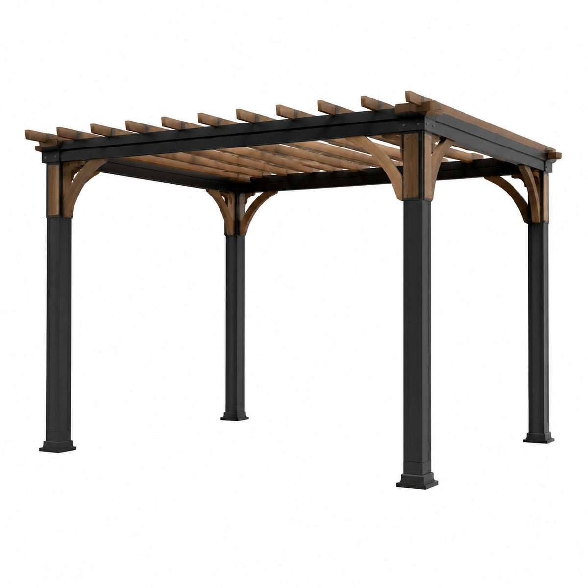 Pergola de jardin 300 x 300 cm en métal et bois noir marron à toit ajouré