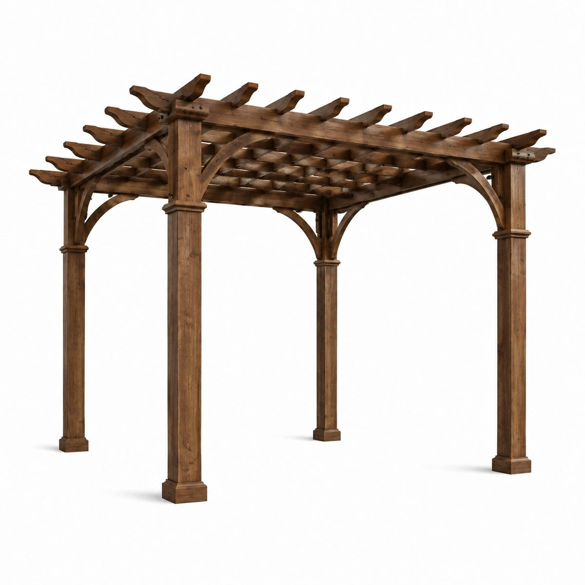 Pergola de jardin en bois brun style rustique, 360x360x270 cm, avec toit ajouré, conçue pour espace extérieur.