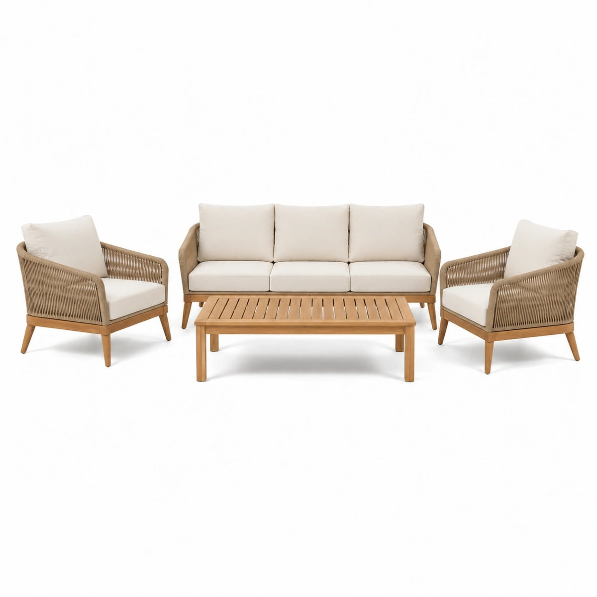 Salon de jardin Rorqelvo 4 pièces avec canapés en bois naturel, cordage écru et table basse, idéal pour l'extérieur.