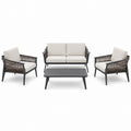 Salon de jardin Rorqelvo 4 pièces avec canapé, fauteuils et table en métal, corde tressée noir et beige, style contemporain.