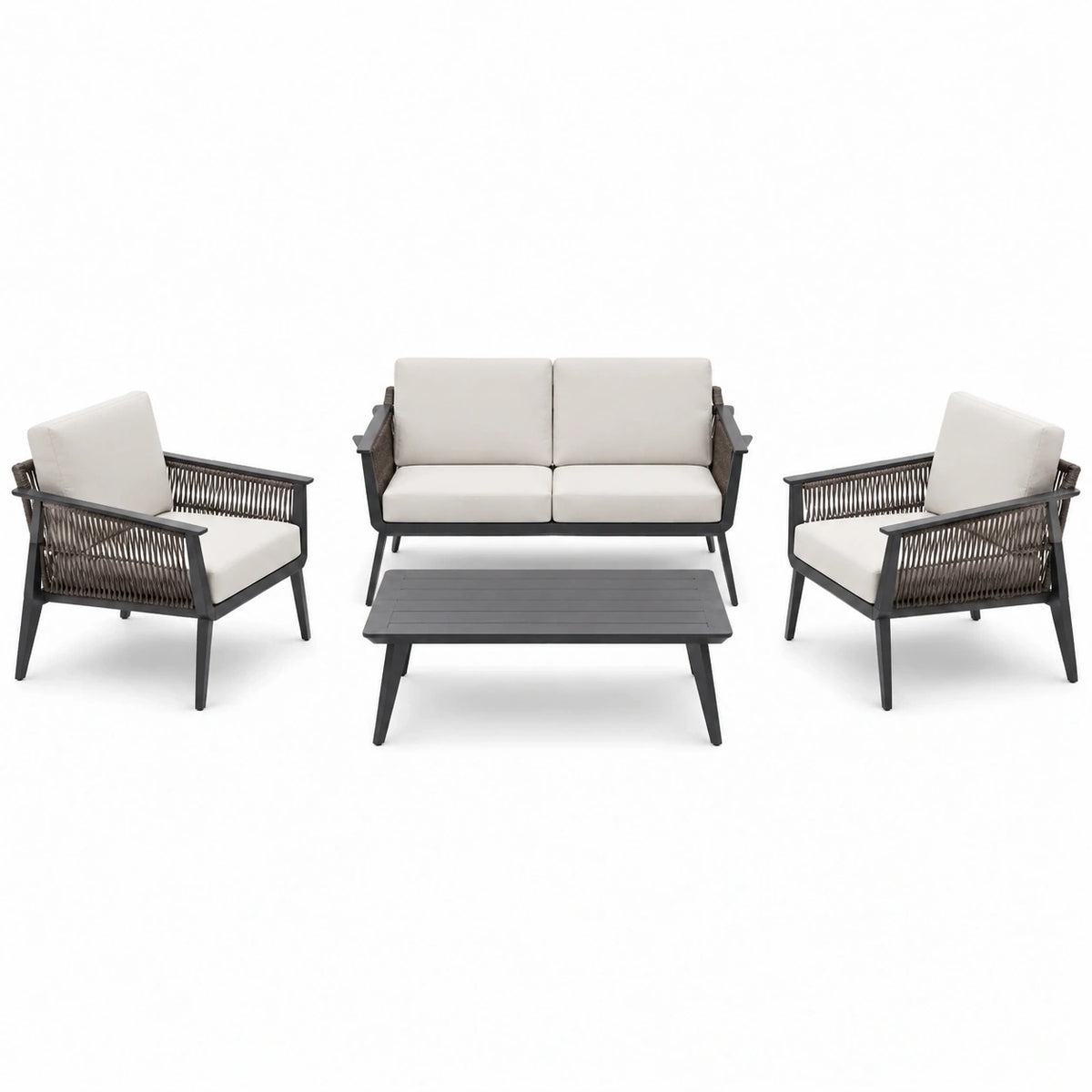 Salon de jardin Rorqelvo 4 pièces avec canapé, fauteuils et table en métal, corde tressée noir et beige, style contemporain.