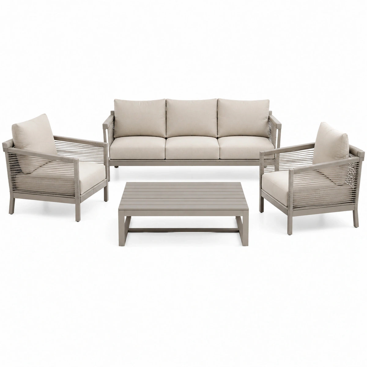 Salon de jardin Rorqelvo en métal taupe et beige avec canapé 3 places, table et chaises dans style contemporain.
