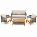 Salon de jardin Rorqelvo 4 pièces en bois et corde gris beige, style contemporain, avec canapé, fauteuils et table.