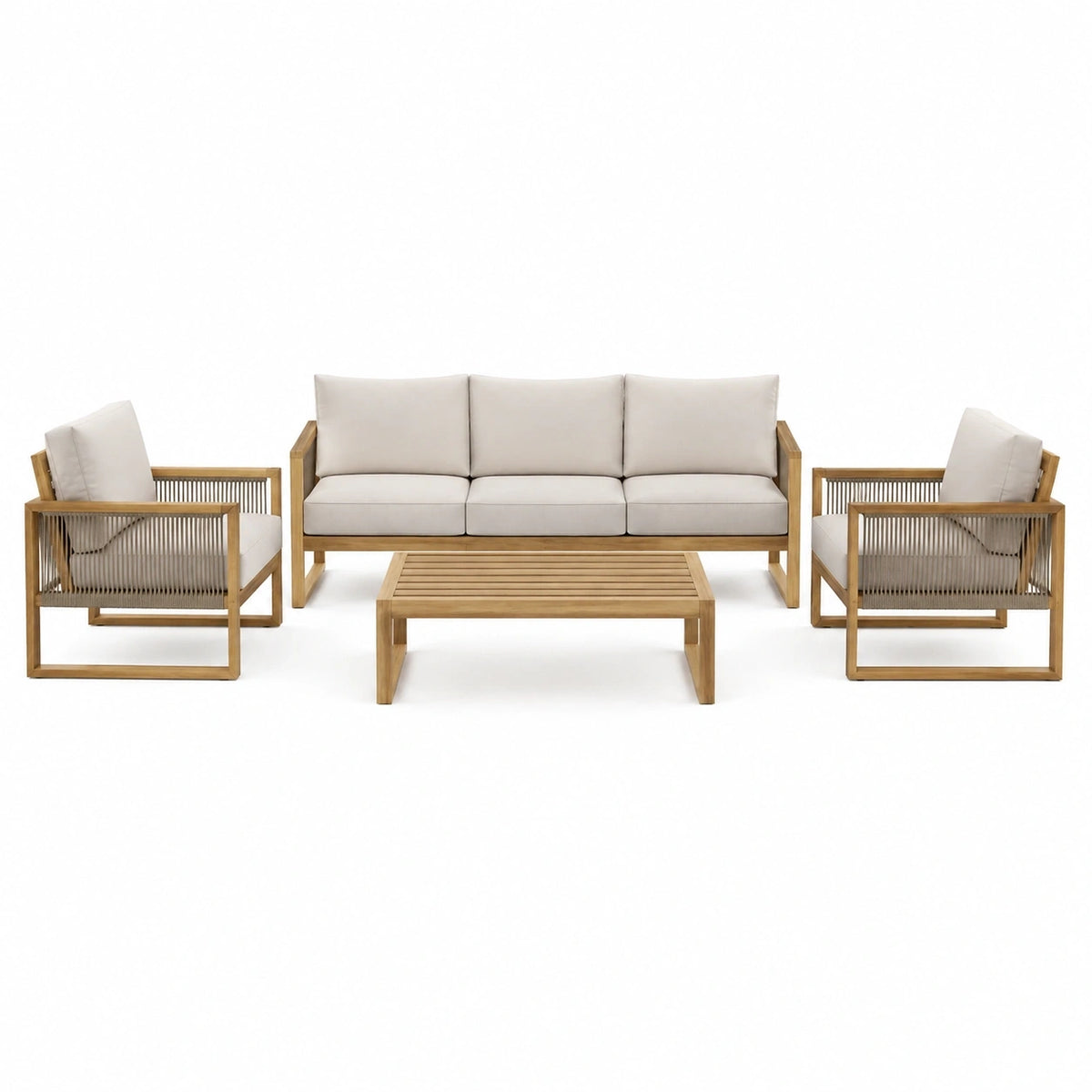 Salon de jardin Rorqelvo 4 pièces en bois beige naturel, table et chaises dans style contemporain, idéal pour extérieur.
