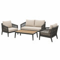 Salon de jardin Rorqelvo 4 pièces avec canapé, fauteuils et table basse en métal et corde beige et noir pour extérieur.