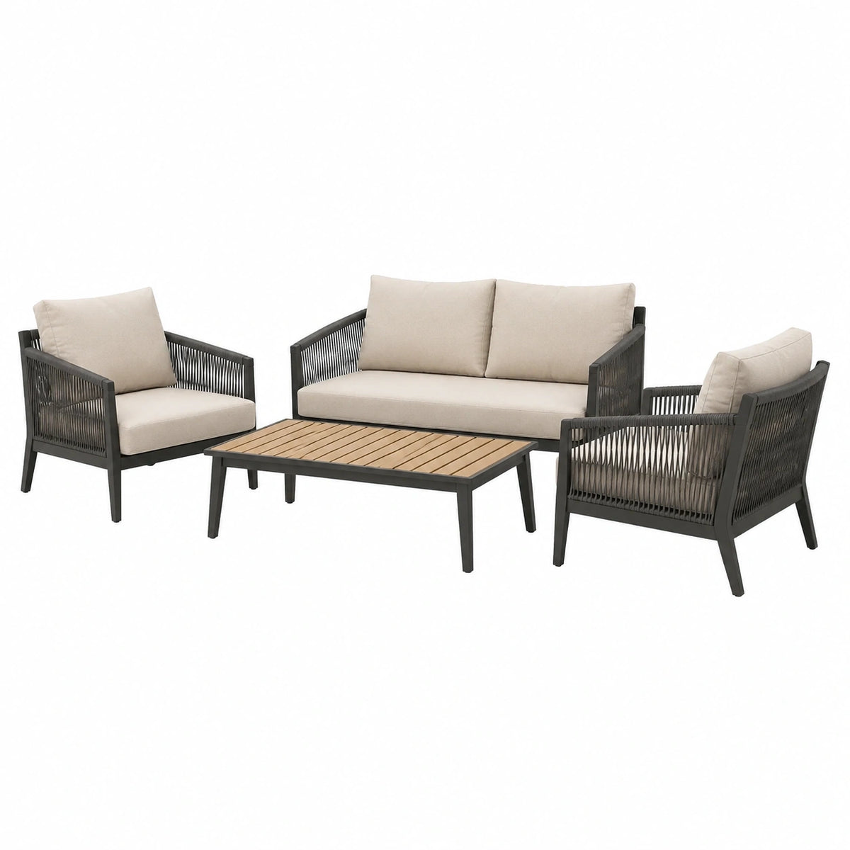 Salon de jardin Rorqelvo 4 pièces avec canapé, fauteuils et table basse en métal et corde beige et noir pour extérieur.