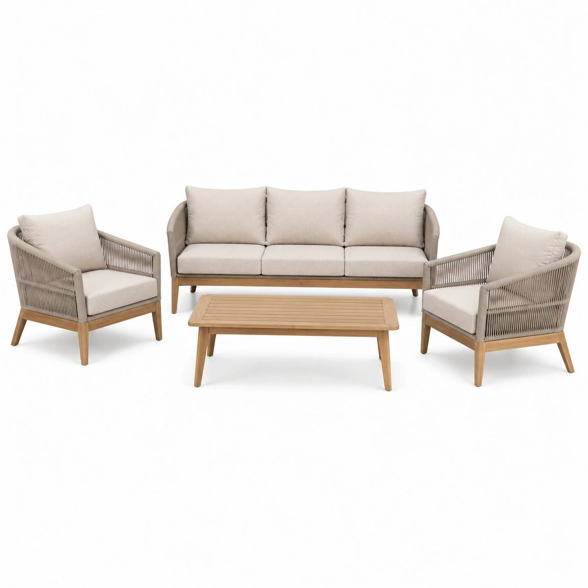 Salon de jardin Rorqelvo en bois beige avec coussins en corde tressée, 4 pièces pour terrasse, 196 cm.
