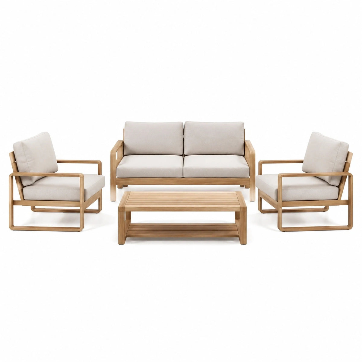 Salon de jardin Rorqelvo en bois beige, ensemble de 4 pièces avec table 140x75 cm, style contemporain pour terrasse.