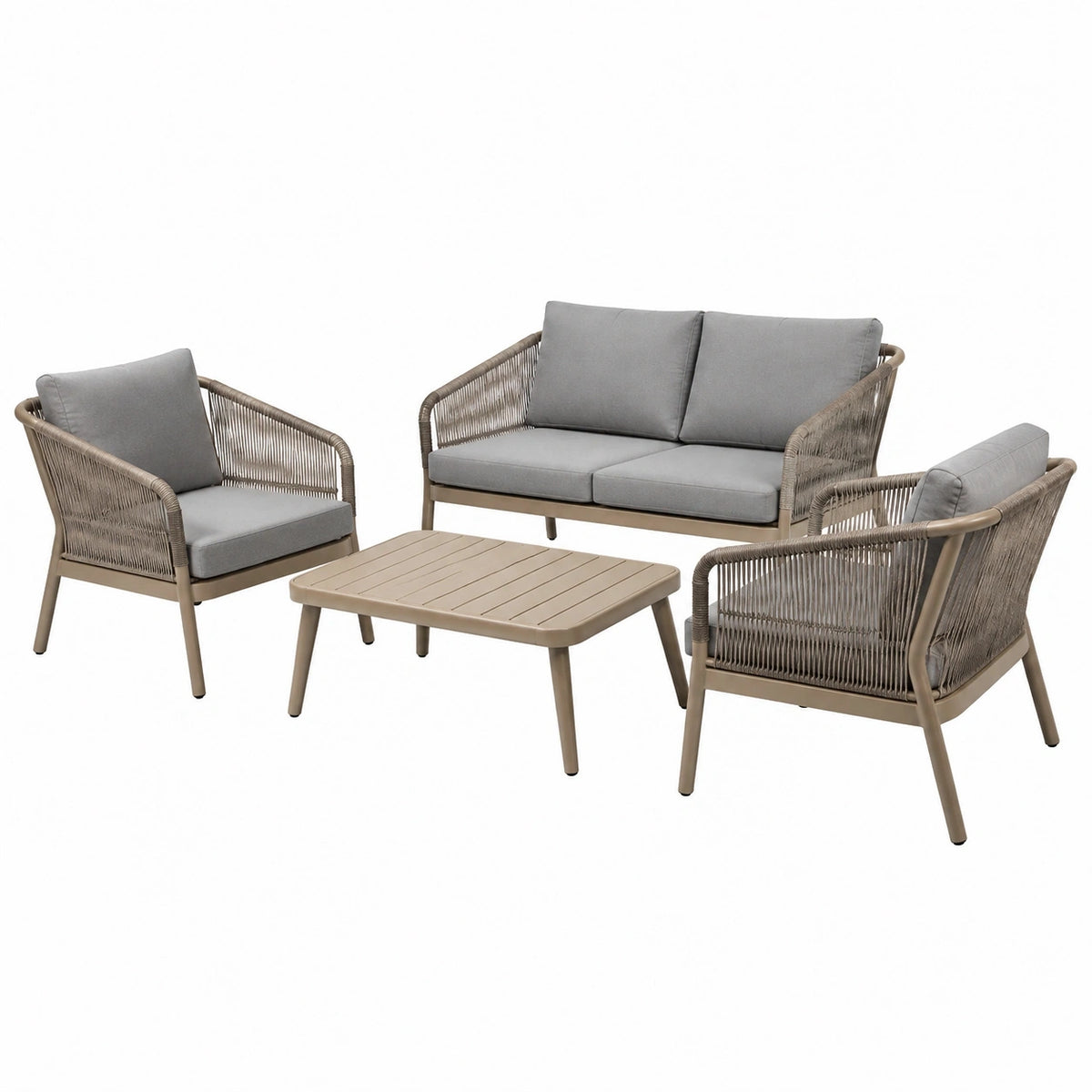Salon de jardin Rorqelvo 4 pièces avec table 100x60 cm en métal taupe et gris tressé, mobilier extérieur contemporain