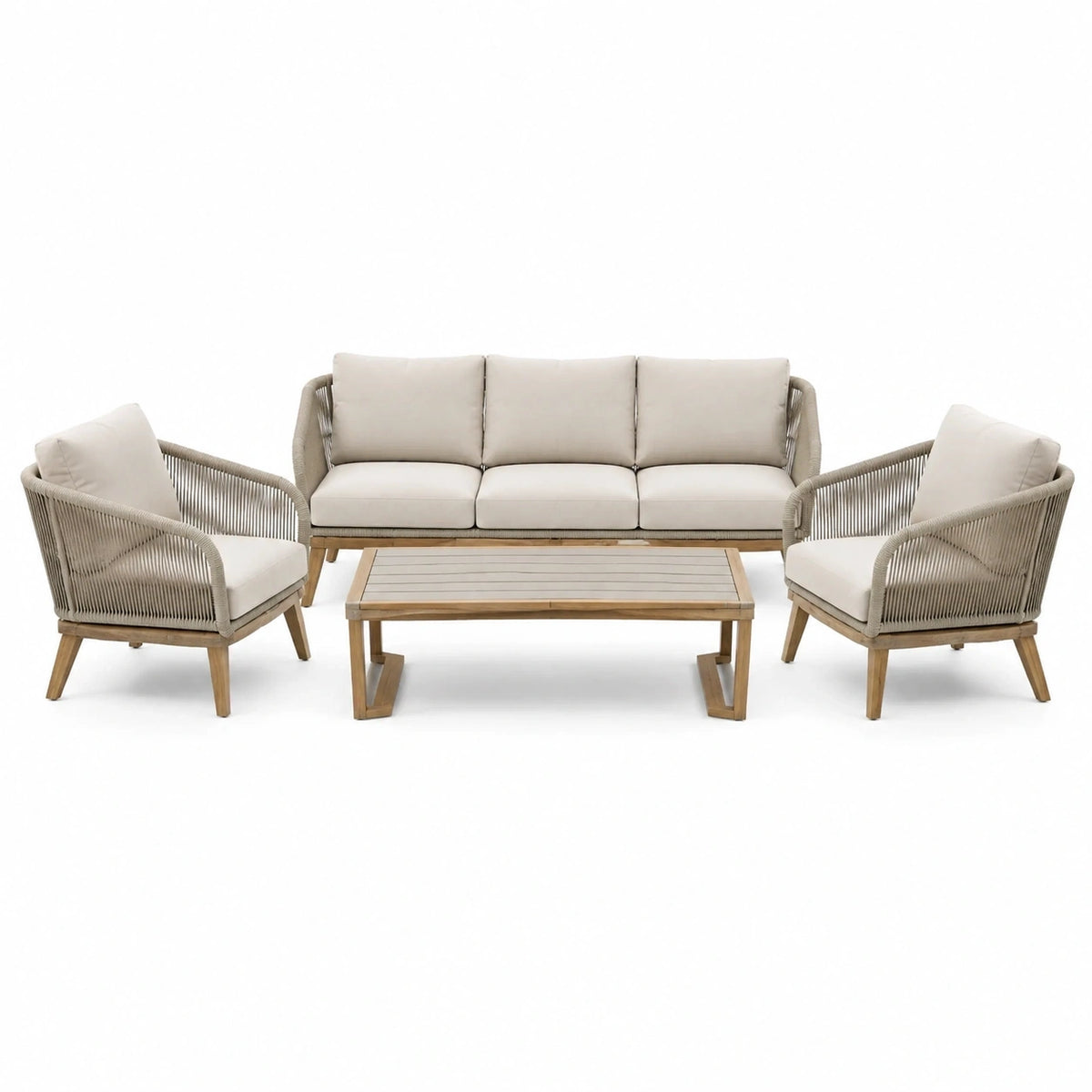 Salon de jardin Rorqelvo pour 5 personnes avec table basse en bois beige, style contemporain, mobilier extérieur élégant.