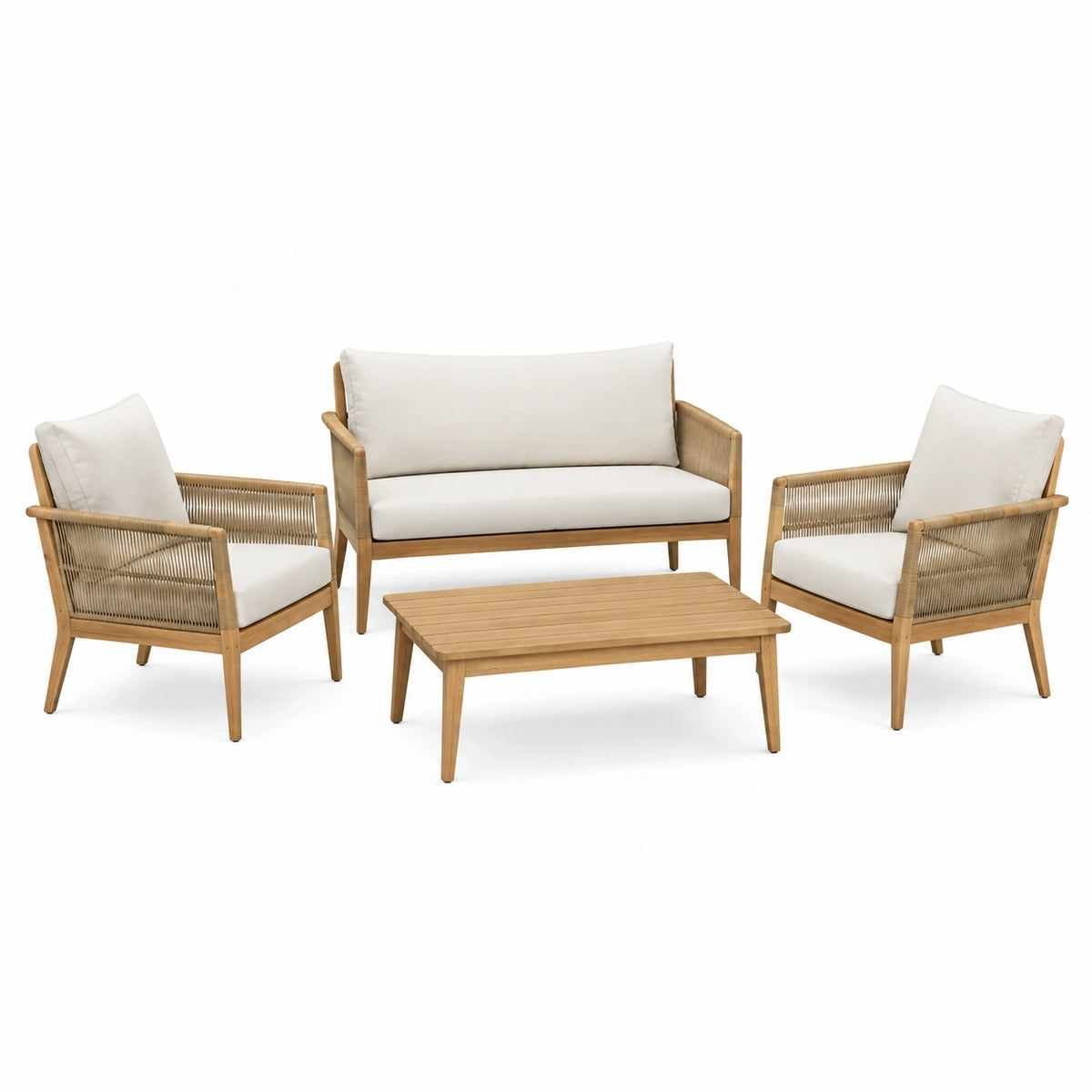 Salon de jardin Rorqelvo 4 pièces avec table en bois naturel et cordage tressé, style bohème, 100 x 60 cm.