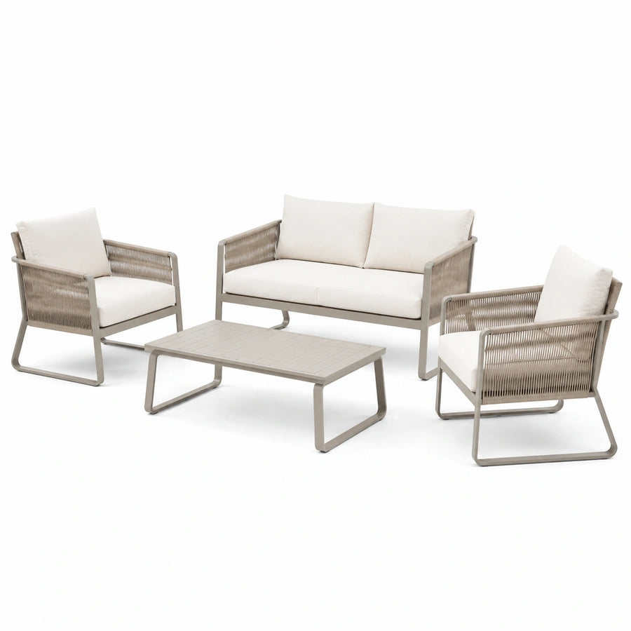 Salon de jardin Rorqelvo 4 places avec table en métal taupe et chaises écru, style contemporain, adapté pour extérieur.