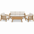 Salon de jardin Rorqelvo 4 pièces en bois beige avec tressage naturel, table et fauteuils confortables pour extérieur.