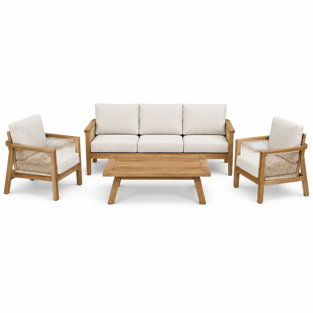 Salon de jardin Rorqelvo 4 pièces en bois beige avec tressage naturel, table et fauteuils confortables pour extérieur.