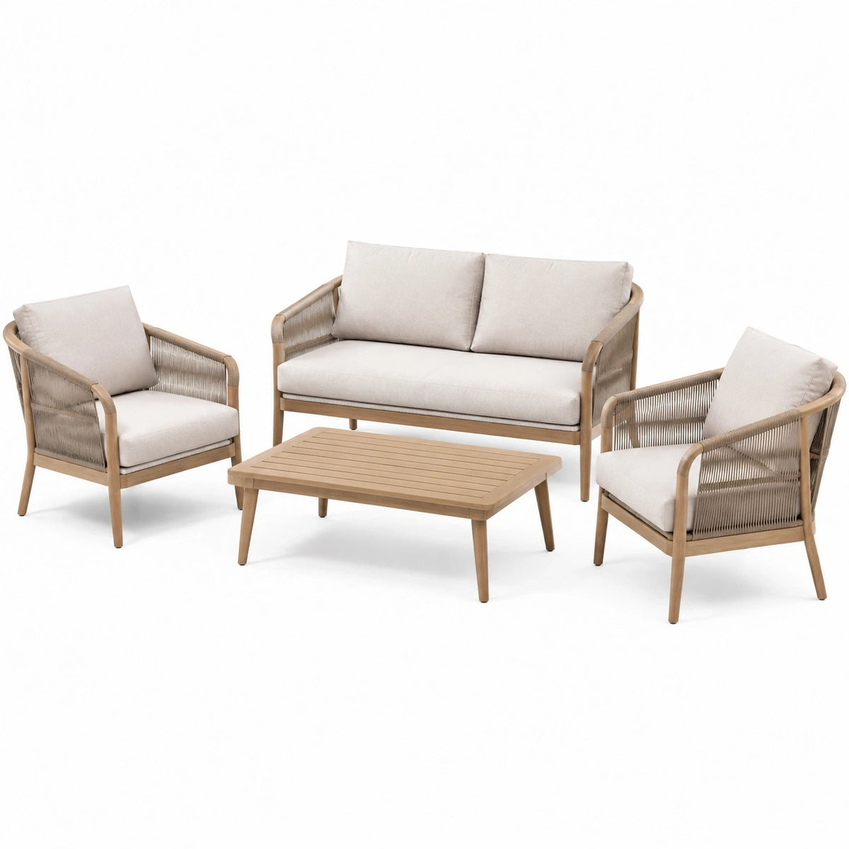 Salon de jardin Rorqelvo en bois beige tressé, ensemble de 4 pièces avec table 100x60 cm, style contemporain.