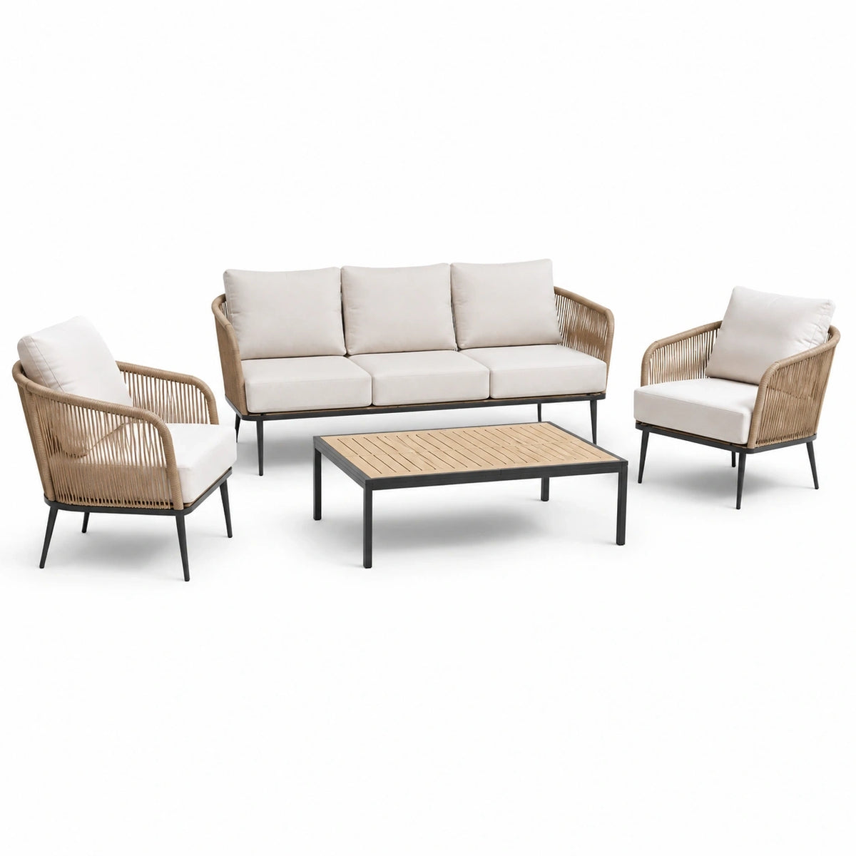 Salon de jardin 4 pièces Rorqelvo avec cordage tressé beige, table et chaises modernes, dimensions 210x78x76 cm.