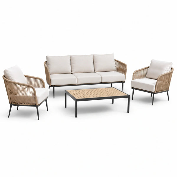 Salon de jardin 4 pièces Rorqelvo avec cordage tressé beige, table et chaises modernes, dimensions 210x78x76 cm.