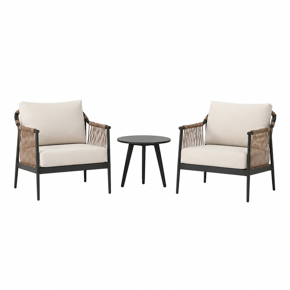 Salon de jardin Rorqelvo 3 pièces avec 2 fauteuils et table en métal noir et corde beige, style contemporain, vue de face