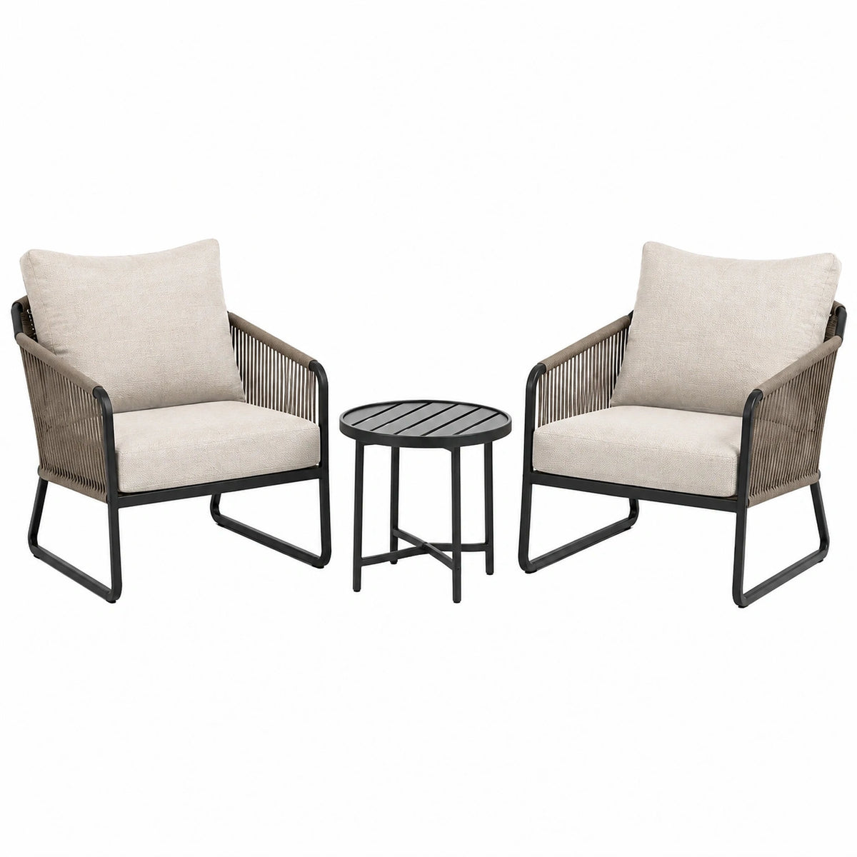 Salon de jardin Rorqelvo avec 2 fauteuils en métal noir et corde taupe, table ronde 60 cm style contemporain