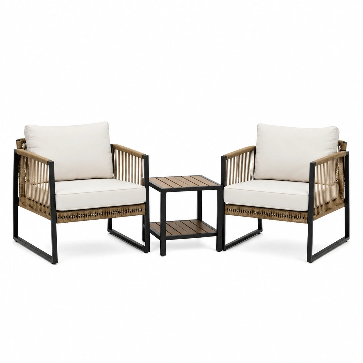 Salon de jardin Rorqelvo avec 2 places en métal noir et cordage beige, comprenant table basse et mobilier élégant.