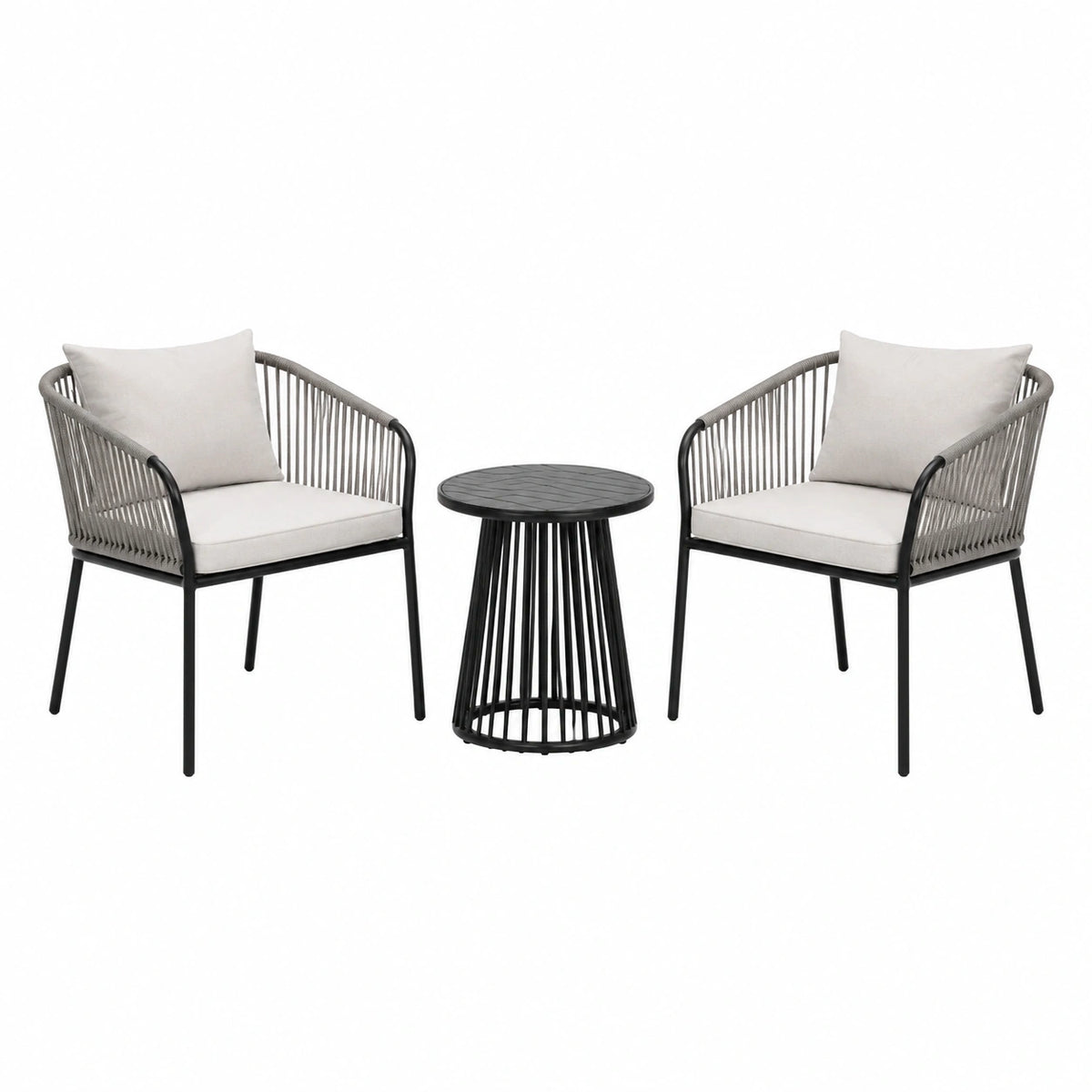 Salon de jardin Rorqelvo avec 2 fauteuils et table en métal et corde gris noir, style contemporain, pour extérieur.