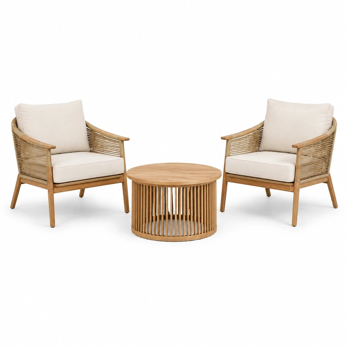 Salon de jardin Rorqelvo avec 2 fauteuils et table ronde en bois et rotin naturel, style bohème, pour espace extérieur.