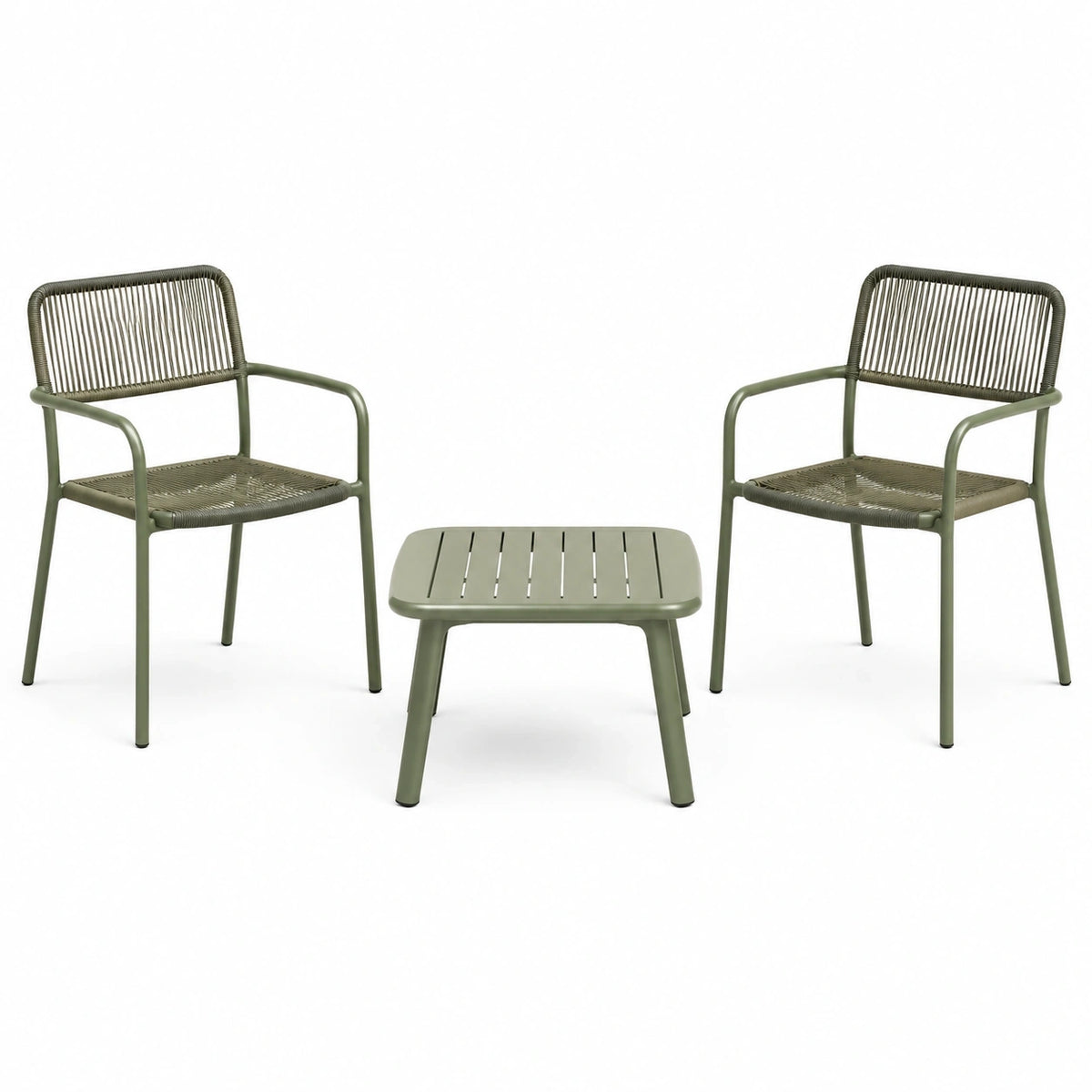 Salon de jardin Rorqelvo avec 2 fauteuils en métal vert kaki et table basse tressée de 65x65 cm, style moderne et confortable