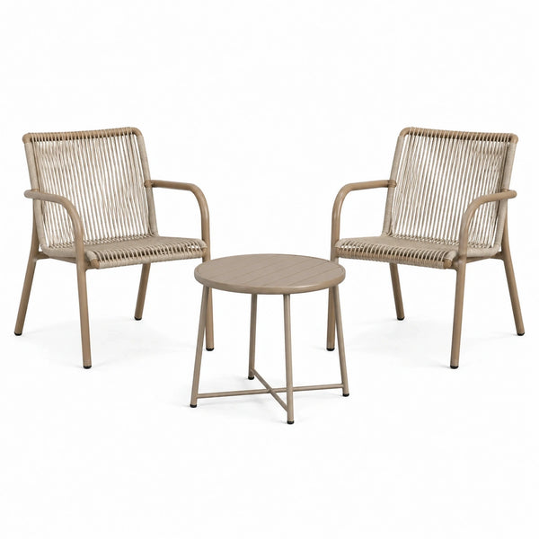 Ensemble salon de jardin 2 fauteuils et table ronde 60 cm en métal et corde beige