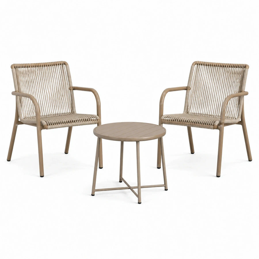Ensemble salon de jardin Rorqelvo avec 2 fauteuils en métal et corde beige et table ronde de 60 cm, extérieur élégant