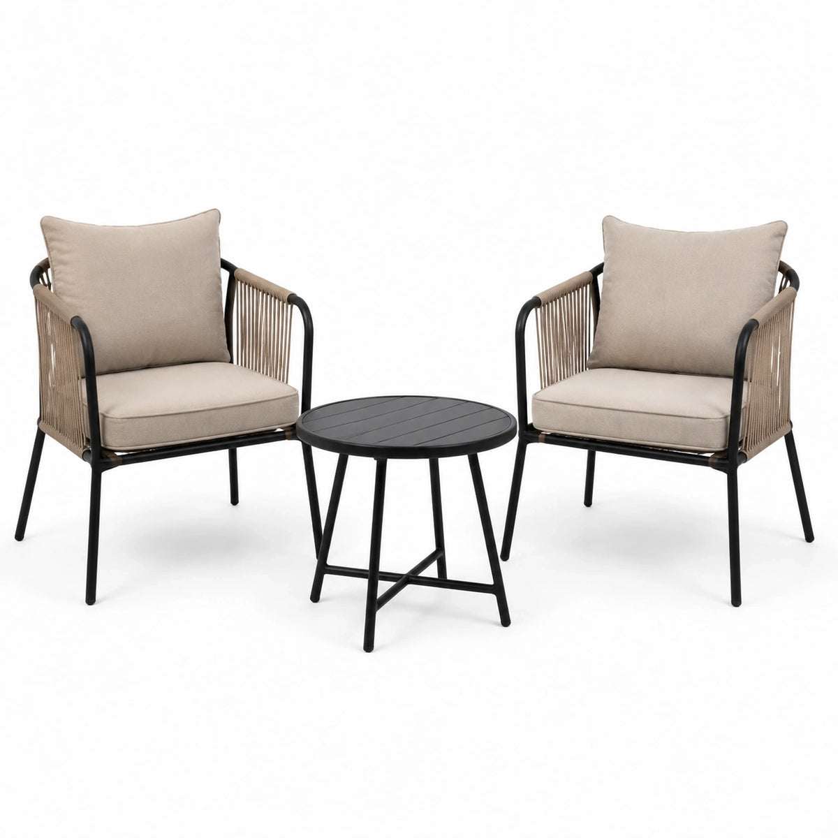 Salon de jardin Rorqelvo avec 2 fauteuils et table ronde en métal noir et corde beige, style contemporain.
